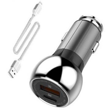 Incarcator Auto C1 USB USB-C + Lightning Cable Gri