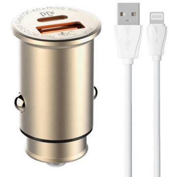Incarcator Auto C506Q USB USB-C + Lightning Cable Auriu