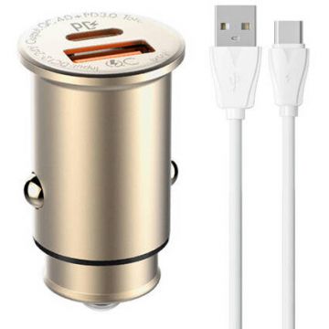 Incarcator Auto C506Q USB USB-C  + USB-C Cable Auriu