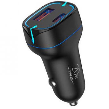 Incarcator Auto VFAN C11 USB + USB-C PD 20W + QC 3.0 LED Negru