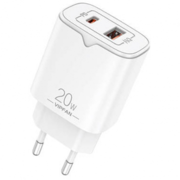 Incarcator FAN E08  USB + USB-C  20W PD + QC 3.0 Alb
