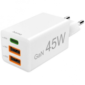 Incarcator Mini GaN 45W PD 1x USB-C  2x USB-A  Alb