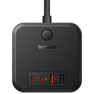 BASEUS INCARCATOR RETEA Baseus GaN Powerstrip, Quick Charge 30W, 3 x AC, 2 x USB Type-C Output 5V/3A, 2 x USB, lungime cablu 1.5m, Negru