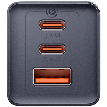 BASEUS INCARCATOR retea Baseus GaN5 Pro, Quick Charge 65W, 1 x USB, 2 x USB Type-C, include cablu USB Type-C la USB Type-C 100W 1m, Gri