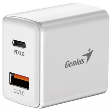 genius ALIMENTATOR retea Genius Quick Charge 20W, 1 x USB-A + 1 x USB Type-C, PD 20W USB-C sau USB-A, cablu USB-C 1m, alb