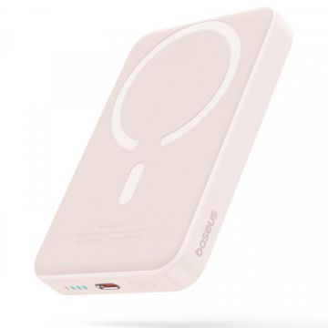 BASEUS Baterie externa Baseus Magnetic Mini Wireless, 10.000 mAh, Incarcare rapida, 20W, PD + FQI, cablu USB-C inclus, Roz