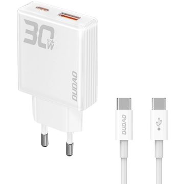 Incarcator A30EUT GaN, USB/USB-C, 30W, Cablu USB-C inclus, Alb