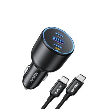 Incarcator auto UGREEN 130W 3-Port Fast Car charger, 1 x USB A, 2 x USB C, Gri
