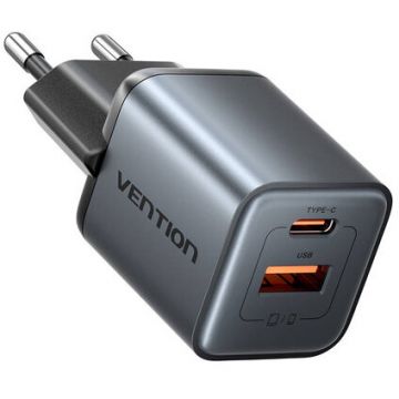 Incarcator GaN USB-C + USB-A 30W Gri