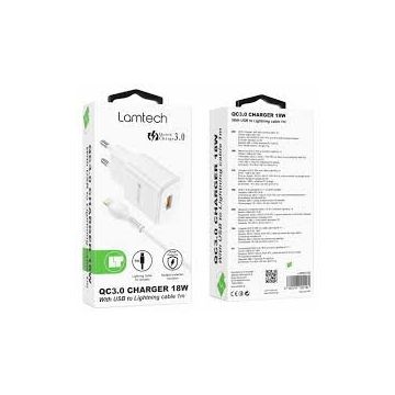 Incarcator Retea 18W QC3.0 1xUSB Cablu Lightning 1m Inclus Alb