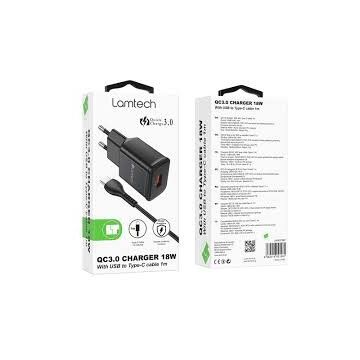 Incarcator Retea 18W QC3.0 1xUSB Cablu Type-C 1m Inclus Negru