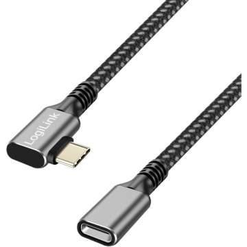 logilink CABLU alimentare si date LOGILINK, pt. smartphone, USB Gen Type-C (M) la USB Type-C (T) la 90 grade, 0.5m, PD 100W, 2 x ecranat, aluminiu, Braiding, Negru-gri, CUA0110