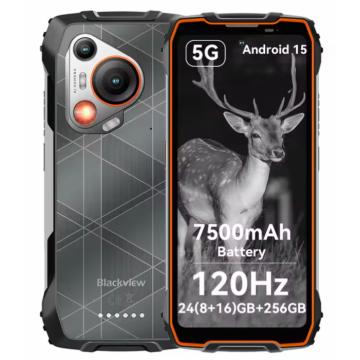 Telefon mobil Blackview BL7000 Portocaliu, 5G, 6.78   IPS HD+ 2.4K 120Hz, 24GB RAM (8GB+16GB extensibili), 256GB ROM, Android 15, 50MP, NightVision, NFC, WiFi 6, 7500mAh, 33W, OTG, DokeAI, Dual SIM