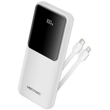 Vention POWER BANK Vention 10.000 mAh, 22.5W PD 20W, QC,  1x USB-C, 2x USB-A, 1x micro USB (doar pt incarcare), cablu Ligtning si USB-C integrate, afisaj LED, cablu Lightning si USB-C integrate, 314g, alb