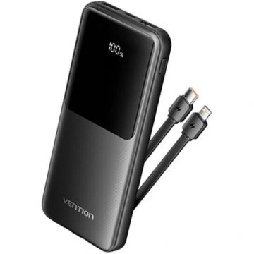 Vention POWER BANK Vention 10.000 mAh, 22.5W PD 20W, QC,  1x USB-C, 2x USB-A, 1x micro USB (doar pt incarcare), cablu Ligtning si USB-C integrate, afisaj LED, cablu Lightning si USB-C integrate, 314g, negru