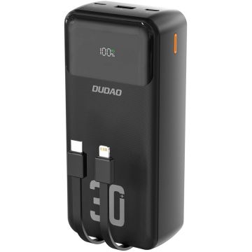 Acumulator extern K15MAX 30000mAh, 22.5W, Cablu incorporat, 1xUSB, 1xUSB-C, Lightning, Negru