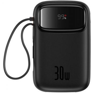 Acumulator extern Qpow 2, 10000 mAh, 30W, Cablu USB-C integrat, Negru