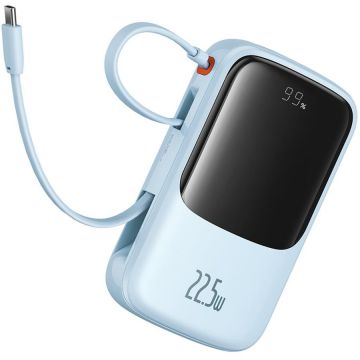 Acumulator Extern QPow Pro+ 10000mAh 22.5W Lightning 2xType-C USB Cablu USB-C Albastru