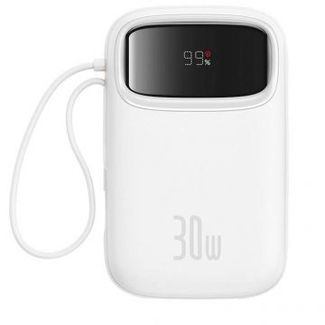 BASEUS Acumulator Extern Baseus, Qpow2, 10000mAh, 30W, 2 x USB Type-C output/input, USB, include cablu USB Type-C la USB Type-C 30cm, alb