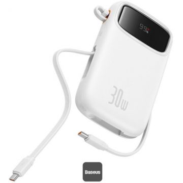 BASEUS Acumulator extern Baseus Qpow2, 20000mAh, 30W, 2 x USB Type-C output/input, 1 x USB, include cablu USB Type-C la USB Type-C 30cm, alb