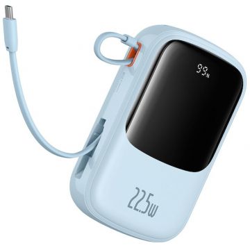 BASEUS Acumulator Extern Baseus Qpow2 Digital Display, 20000mAh, 22.5 W, 2 x USB Type-C output-input, 1 x Lightning, 1 x USB, Include cablu USB la USB Type-C de 30cm, Albastru PPQD030103 - 6932172618179