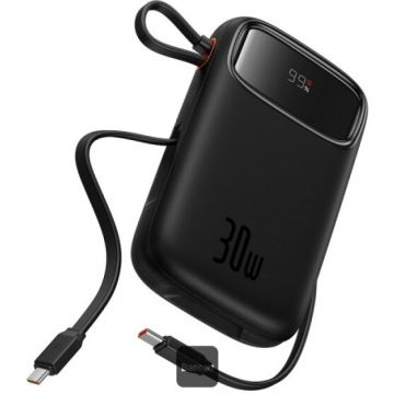 BASEUS Baterie externa Baseus Qpow2, Digital Display, 20000mAh, 30W, 2 x USB Type-C output/input, USB, include cablu USB Type-C la USB Type-C, 30cm, negru