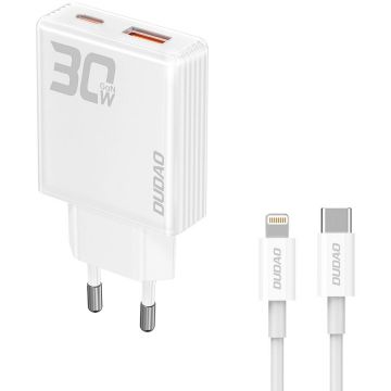 Incarcator A30EUL GaN, USB/USB-C, 30W, Cablu USB-C/Lightning inclus, Alb