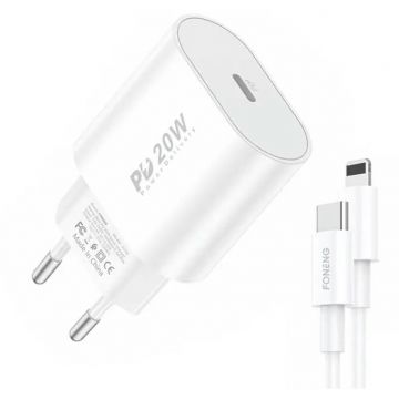 Incarcator EU39, 1x USB-C, 20W, cablu USB C la Lightning, Alb
