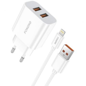 Incarcator EU40, 2 x USB, 12 W, 1 x Cablu USB la Lightning, Alb