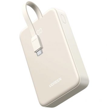 Ugreen Baterie externa Ugreen PB521, 20000mAh, 30W, USB Type-C input/output, USB Type-C cablu integrat, USB, display, alb