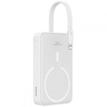 Acumulator extern Magnetic Mini 20W, 10000 mAh, USB-C, Compatibila MagSafe, Incarcare Wireless 15W, Cablu Lightning integrat, Alb