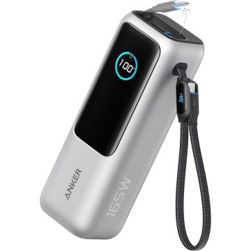 Anker Acumulator extern Anker 25.000 mAh, 165W, 100W USB-C, cablu USB-C retractabil Argintiu