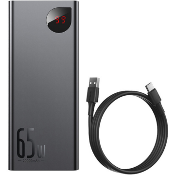 BASEUS Acumulator extern Baseus Adaman Metal Digital Display QC 20.000mAh, 65W, cu cablu USB la USB-C 0.3m, Negru