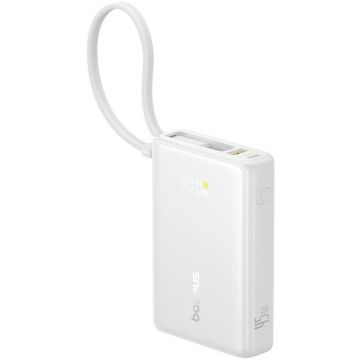 BASEUS Baterie externa Baseus PicoGo 10000mAh Digital Display, cu cablu incorporat USB-C, Alb