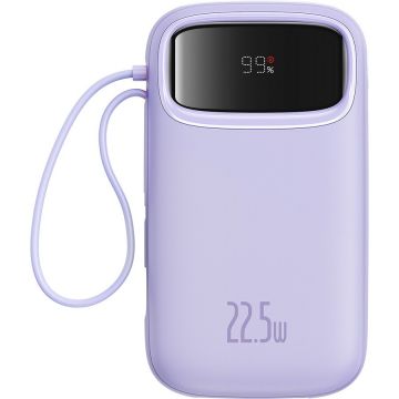 BASEUS Baterie externa Baseus Qpow2, 10.000 mAh, cablu dual USB-C si Lightning incorporat, Incarcare rapida, 22.5W, Digital Display, Violet