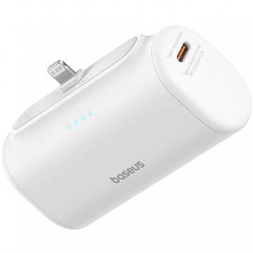 BASEUS Powerbank Baseus Compact 5000mAh 20W, dimensiuni 80x40,2x25, 6mm, set cu cablu USB-C, Alb BASEUS Powerbank Baseus Compact 5000mAh 20W, dimensiuni 80x40,2x25, 6mm, set cu cablu USB-C, Alb
