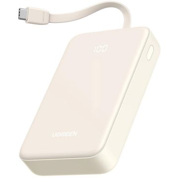 Ugreen Baterie externa Ugreen 20.000 mAh, 22.5W, USB-C, USB-A, cablu USB-C incorporat, Bej