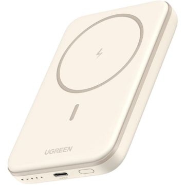 Ugreen Baterie externa Ugreen Magnetic 5.000 mAh, Wireless, PD 15W, Qi 7.5W, USB-C, compatibila MagSafe, Bej