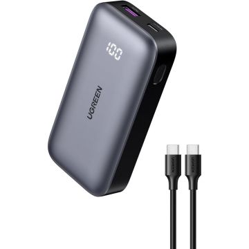 Ugreen Baterie externa Ugreen Mini 10K mAh, USB-C, USB-A, Digital Display, cablu USB-C inclus, Gri