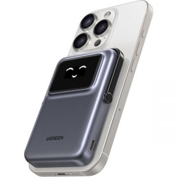 Ugreen Baterie Externa Wireless UGREEN PB572 Uno, 10000mAh, 20W, PD + FQI, 1 x QI - 1 x USB-C, Gri