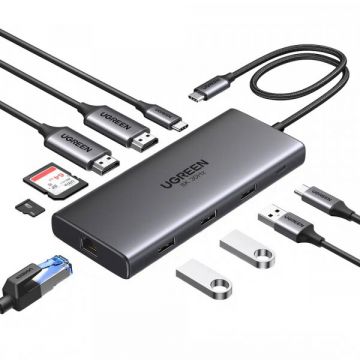 Ugreen Hub USB-C UGREEN Revodok Pro 210 CM639, 1 x USB-A 3.0 - 2 x USB-A - 2 x USB-C - 2 x HDMI - 1 x RJ45 - 1 x SD - 1 x microSD, Gri