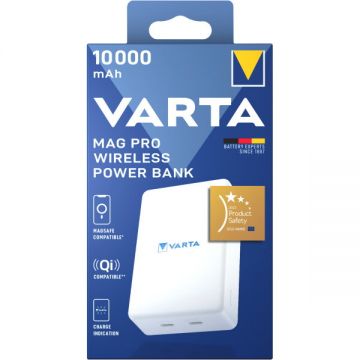 VARTA Baterie Externa Wireless Varta Mag Pro, 10000mAh, 20W, 1 x QI - 2 x USB-C, Alba
