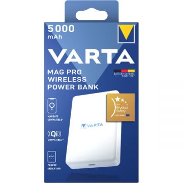 VARTA Baterie Externa Wireless Varta Mag Pro, 5000mAh, 12W, 1 x QI - 1 x USB-C, Alba