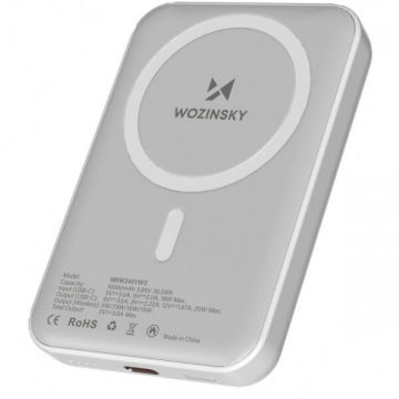 WZK Baterie Externa Wireless WZK WRW349YWS, 10000mAh, 20W, PD + FQI, 1 x QI - 1 x USB-C, Alba