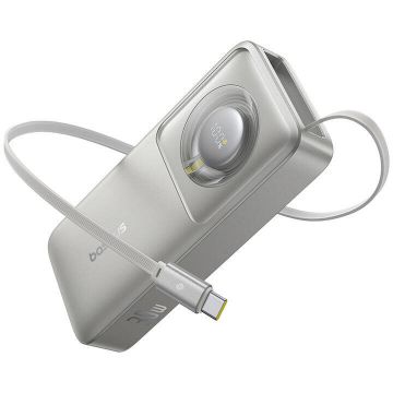 Acumulator extern OS Free2Pull, 10000mAh, 30W, Cablu USB-C retractabil 70 cm, Gri