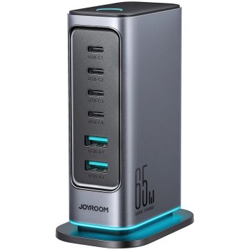 Incarcator JR-TCM02 GaN, 4x USB-C si 2x USB, 65W, Gri Incarcator JR-TCM02 GaN, 4x USB-C si 2x USB, 65W, Gri