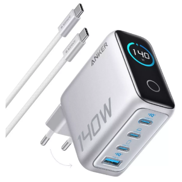 Incarcator Retea Zolo 140W  Digital Display  3x USB-C  1x USB-A  PD 3.1  Cablu USB-C Inclus    Argintiu