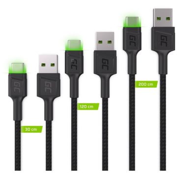 Cablu Date si Incarcare Set 3x GC Ray USB-C Cable 30cm 120cm 200cm Green LED backlight Fast Charging UC QC 3.0 Negru