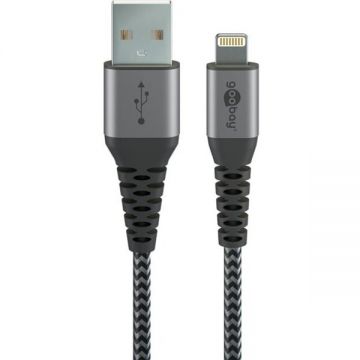Cablu Date USB-A Lightning Material Textil 1m Gri/Argintiu