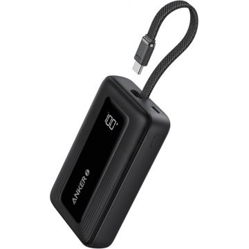 Baterie externa Anker Zolo 10000 mAh, 30W, 1x USB-C, 1x USB, Black, cablu USB-C incorporat